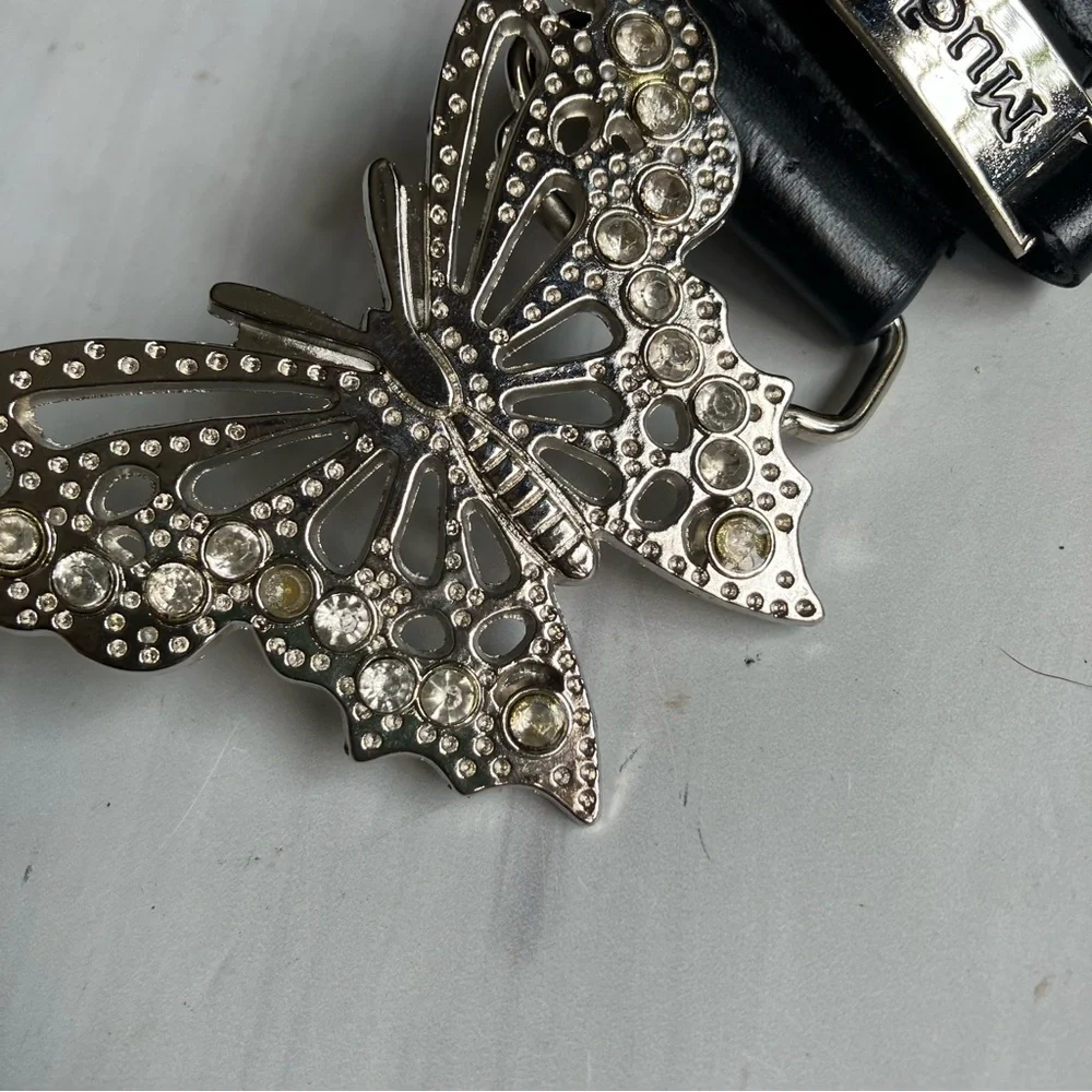 Vintage Y2K MUDD Butterfly Rhinestone Buckle‎ Leather Belt S / M RARE